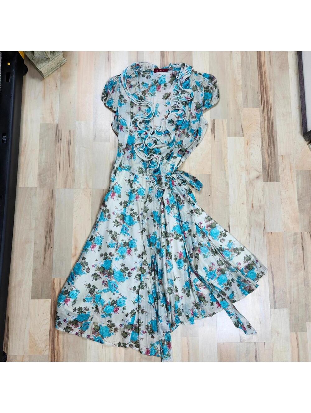 Ceres Floral Print Dress Ruffle Detail Wrap Style Sheer Blue Size S